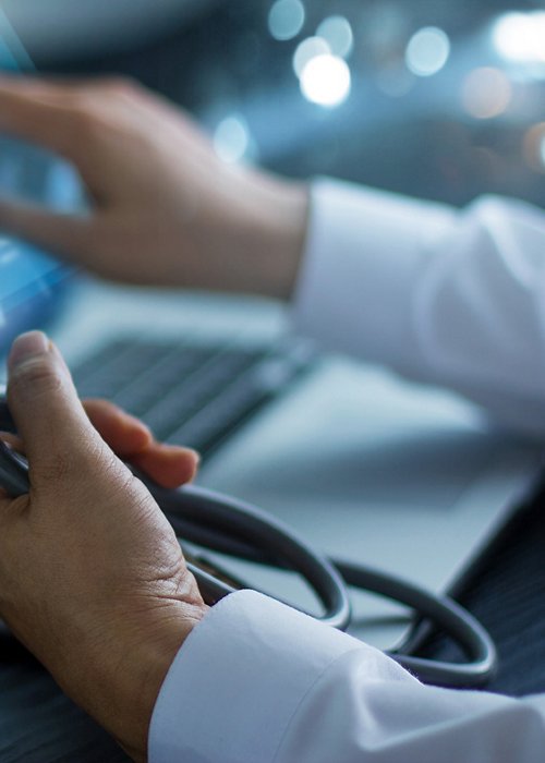 Medicine doctor research and analysis. Diagnose checking brain testing result patient with modern virtual screen interface on laptop with stethoscope in hand, Medical technology and innovative concept Medicine doctor research and analysis. Diagnose checking brain testing result patient with modern virtual screen interface on laptop with stethoscope in hand, Medical technology and innovative concept