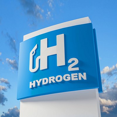 Hydrogen fuel car charging station with cloudy sky, visual concept image