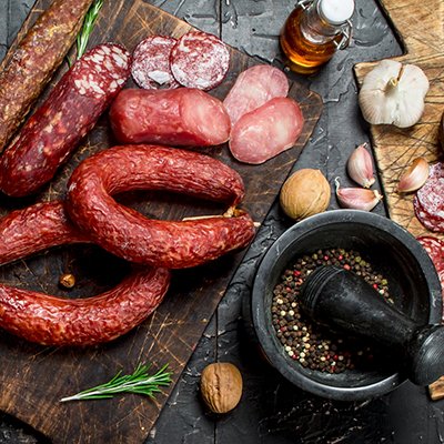 Variety of smoked salami with olives, herbs and spices.