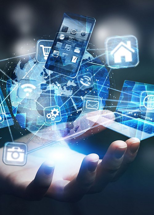 Tech devices and icons connected to digital planet earth Tech devices and icons connected to digital planet earth