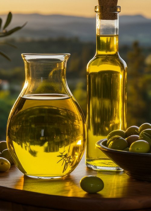 Fresh oil and olives on the table against the backdrop of a farm and olive grove, pure virgin oil Fresh oil and olives on the table against the backdrop of a farm and olive grove, pure virgin oil