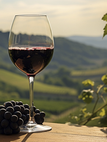 A glass of wine on an old table with a vineyard background