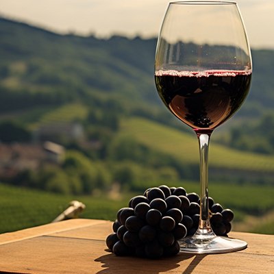 A glass of wine on an old table with a vineyard background A glass of wine on an old table with a vineyard background