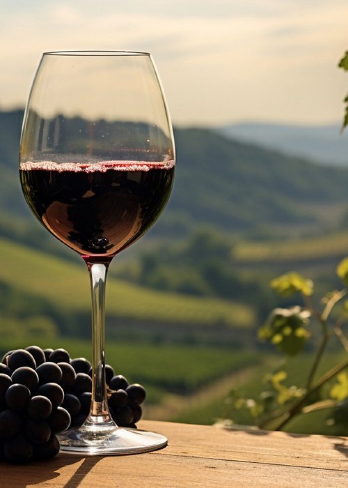 A glass of wine on an old table with a vineyard background
