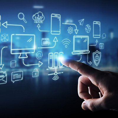 Businessman using tech devices and icons thin line interface