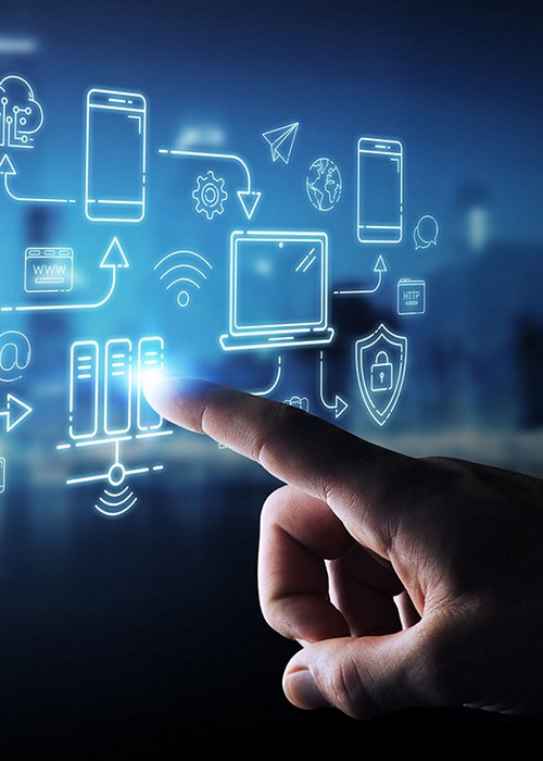 Businessman using tech devices and icons thin line interface
