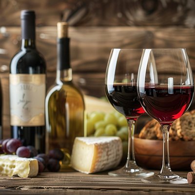 Two glasses of red wine, a selection of cheeses, and several wine bottles sit on a rustic wooden table. Generative AI Two glasses of red wine, a selection of cheeses, and several wine bottles sit on a rustic wooden table. Generative AI