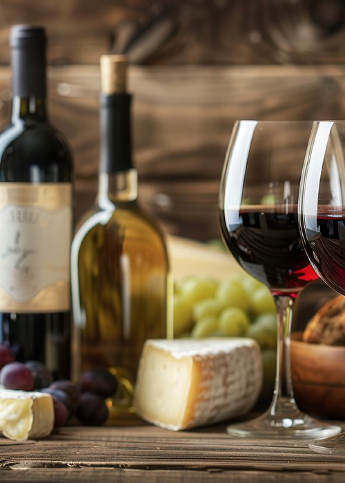 Two glasses of red wine, a selection of cheeses, and several wine bottles sit on a rustic wooden table. Generative AI Two glasses of red wine, a selection of cheeses, and several wine bottles sit on a rustic wooden table. Generative AI