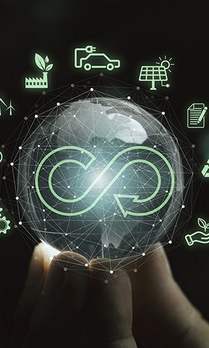 Infinity symbol with Circular business economy environment icons on crystal world and hand  for future sustainable investment growth and reduce environmental pollution for future concept.