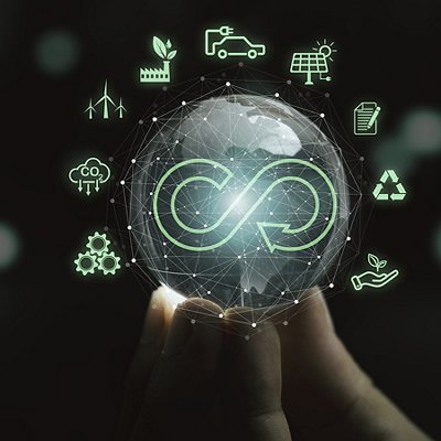 Infinity symbol with Circular business economy environment icons on crystal world and hand  for future sustainable investment growth and reduce environmental pollution for future concept.