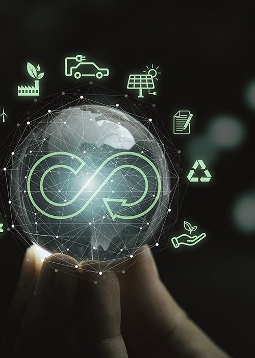 Infinity symbol with Circular business economy environment icons on crystal world and hand  for future sustainable investment growth and reduce environmental pollution for future concept.
