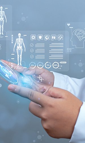 Doctor is using show screen for medical diagnostic analysis on modern virtual screen network connection. Medical technology concept.