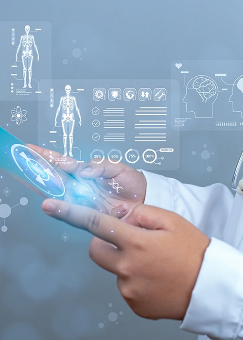 Doctor is using show screen for medical diagnostic analysis on modern virtual screen network connection. Medical technology concept.