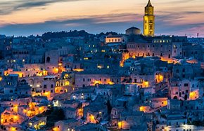 Aerial shot of Sassi di Matera at sunset