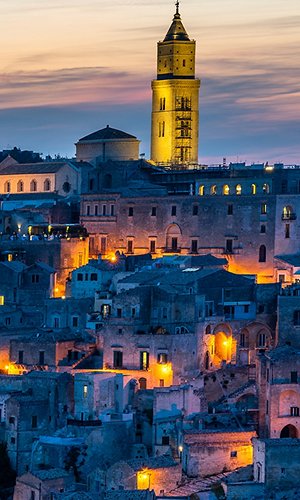Aerial shot of Sassi di Matera at sunset