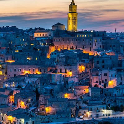 Aerial shot of Sassi di Matera at sunset