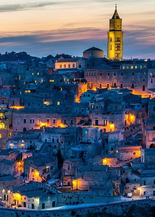 Aerial shot of Sassi di Matera at sunset
