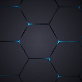 Dark gray hexagonal technology vector abstract background. Blue bright energy flashes under hexagon in modern technology futuristic background vector illustration. Dark gray honeycomb texture grid.