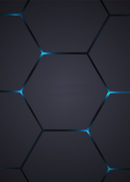 Dark gray hexagonal technology vector abstract background. Blue bright energy flashes under hexagon in modern technology futuristic background vector illustration. Dark gray honeycomb texture grid.