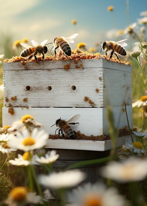 A beehive with bees buzzing around a field with chamomiles