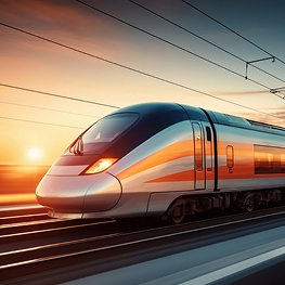 A high-speed train blurring past on tracks at sunset. A high-speed train blurring past on tracks at sunset.