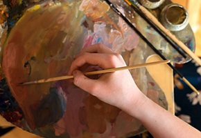 Hand, brush, politra top view, home paints