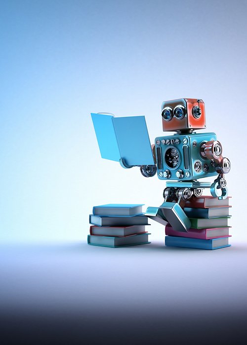 Robot sitting on a bunch of books. Contains clipping path Robot sitting on a bunch of books. Contains clipping path