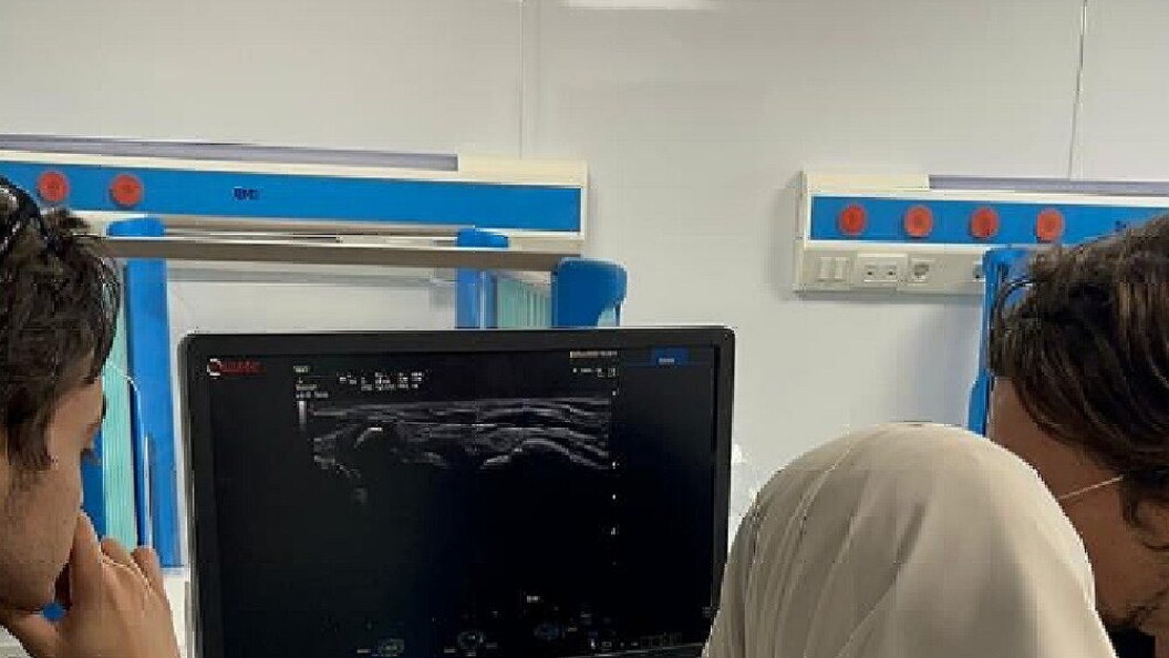 Two people examine an image on a screen together