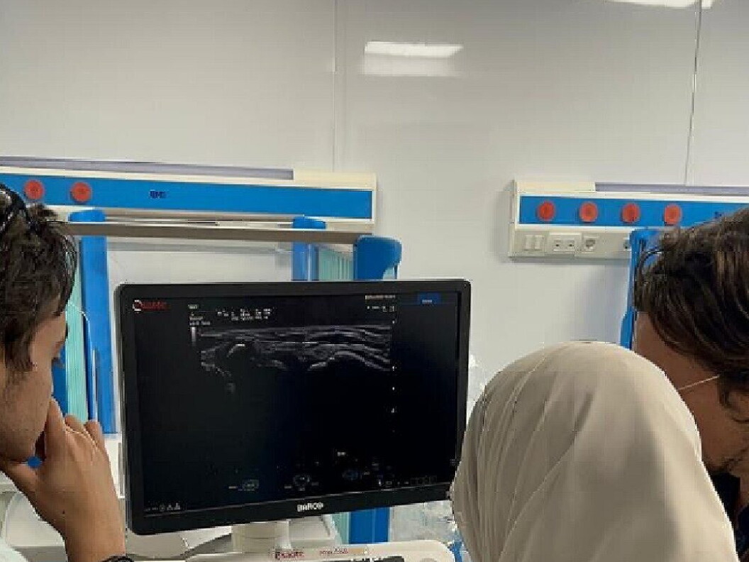 Two people examine an image on a screen together