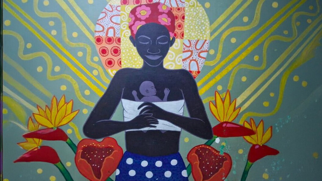 A brightly coloured painting depicts a woman holding a baby in her arms