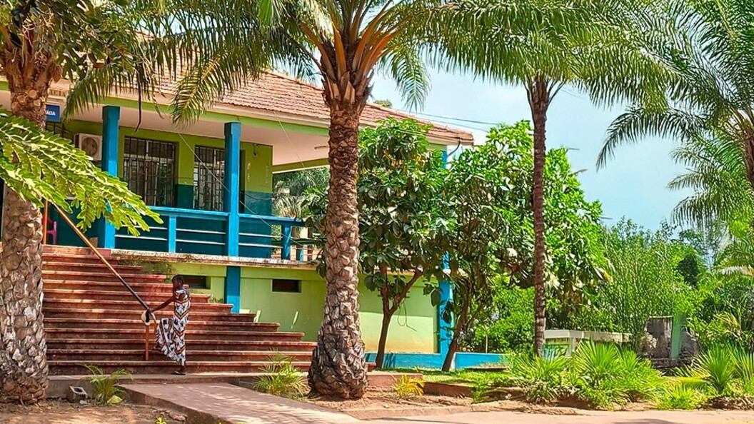 Vista esterna di un edificio con alcune palme davanti
