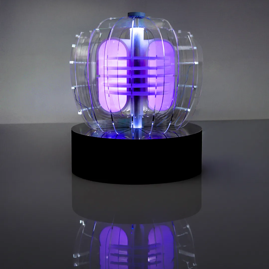 View from below of a model of the Tokamak nuclear fusion reactor, on display at ROAD at the Gazometro Ostiense in Rome.
